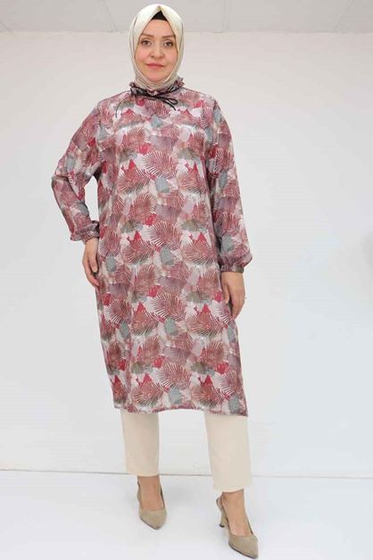 58028 Büyük Beden Yaka Fırfırlı Jesica Tunik - Yaprak Desen Bordo