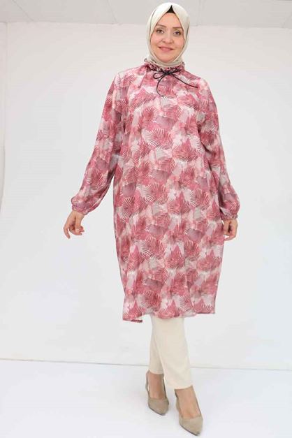 58028 Büyük Beden Yaka Fırfırlı Jesica Tunik - Yaprak Desen Gül