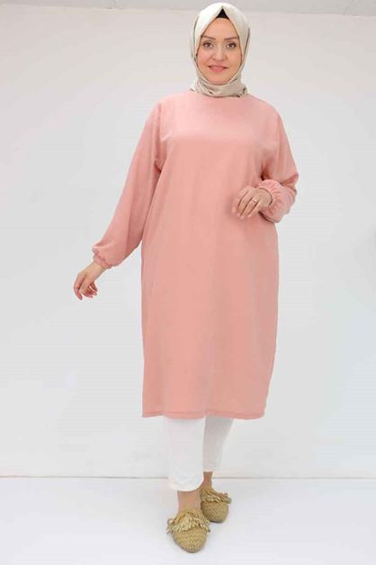 58057 Büyük Beden Kolları Lastikli Keten Tunik - Pudra