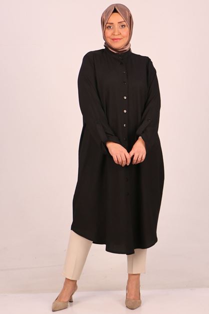 D-48022 Büyük Beden Bürümcük Gömlek - Siyah 