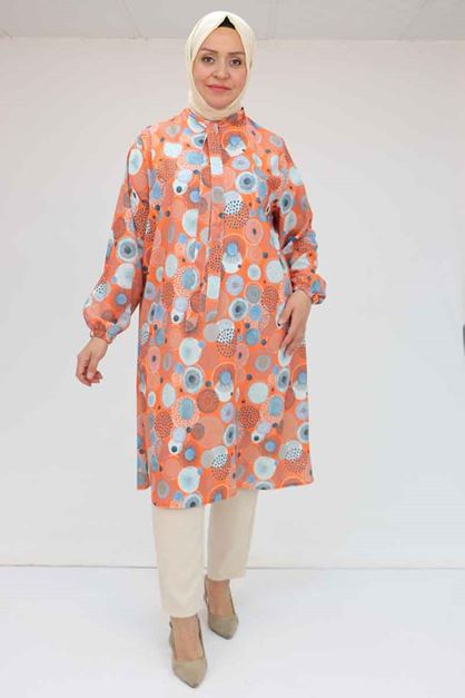 F-58023 Büyük Beden Yakası Bağlamalı Jesica Tunik - Daire Desen Oranj