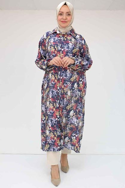 F-58053 Büyük Beden Desenli Jesica  Gömlek - Ebruli Lacivert