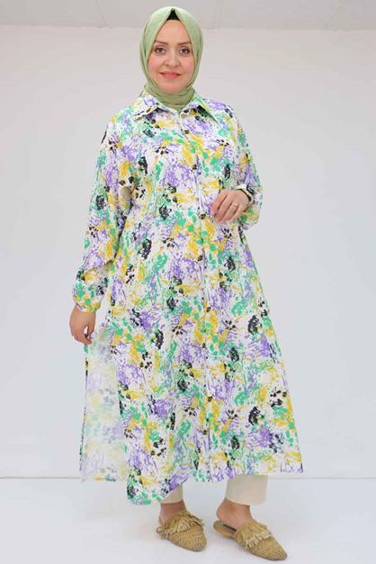 58053 Büyük Beden Desenli Jesica  Gömlek - Ebruli Yağyeşili