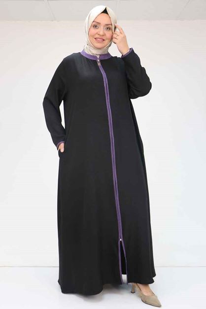 F-56003 Büyük Beden Önden Fermuarlı Hakim Yaka Ferace - Siyah-Lila