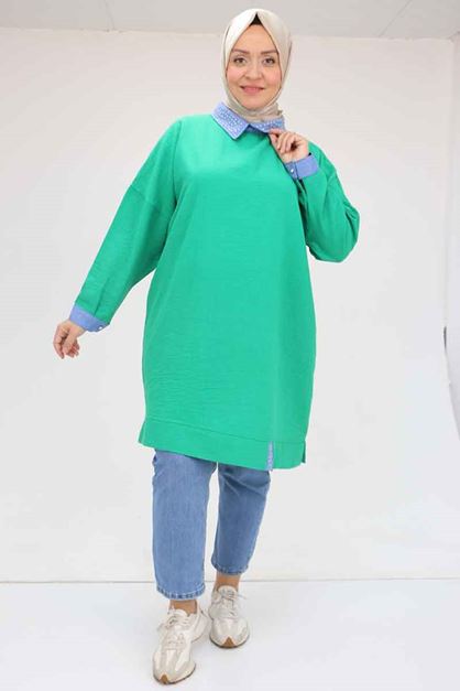 F-58005 Büyük Beden Yakası Ve Yan Yırtmacı Taş Detaylı Tunik - Beneton