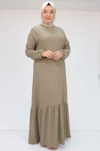 32024 Büyük Beden Etek Ucu Fırfırlı Bürümcük Elbise - Bej