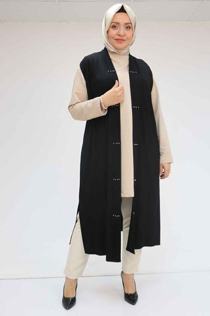 F-54005 Büyük Beden Patı Pileli Giy Çık Yelek - Siyah