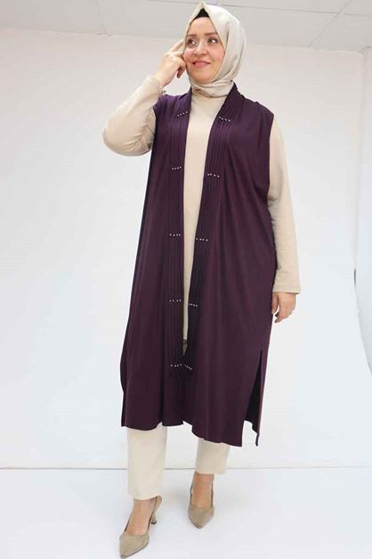 F-54005 Büyük Beden Patı Pileli Giy Çık Yelek - Mor