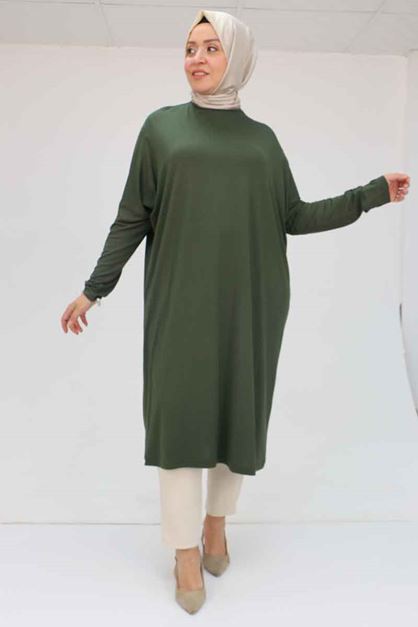 28092 Büyük Beden Düşük Kol Penye Tunik - Haki