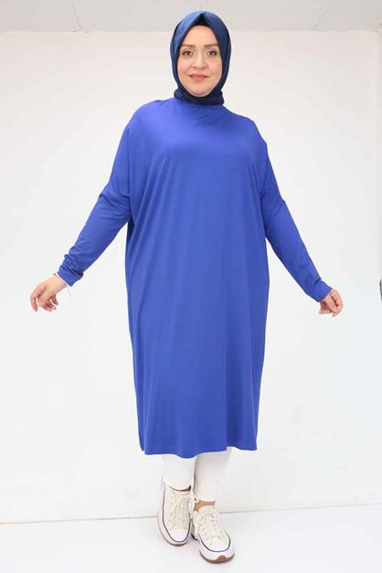 28092 Büyük Beden Düşük Kol Penye Tunik - İndigo