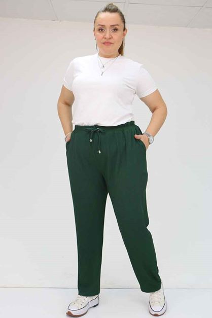 39011 Büyük Beden Lastikli Bürümcük Dar Paça Pantolon - Zümrüt