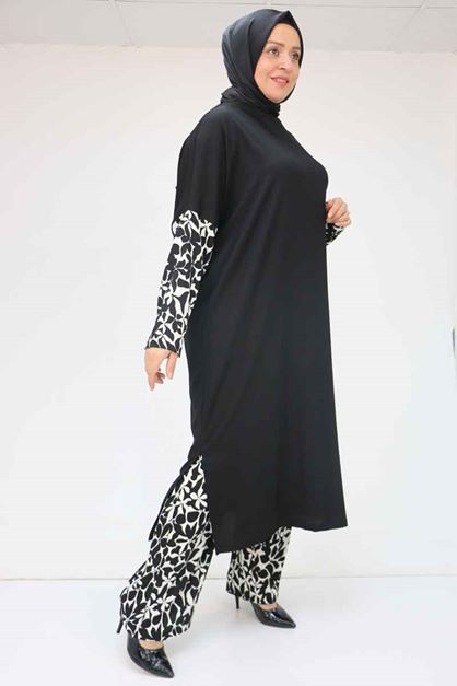 57015 Büyük Beden Renk Kombinli Pantolonlu Bürümcük Takım - Ekru-Siyah