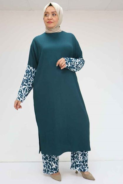 57015 Büyük Beden Renk Kombinli Pantolonlu Bürümcük Takım - Ekru-Petrol