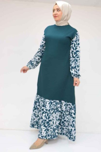 F-52010 Büyük Beden Desenli Bürümcük Altı Fırfırlı Elbise - Ekru-Petrol