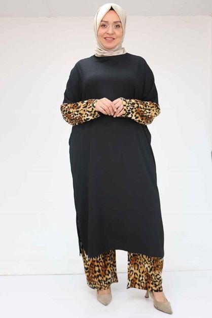 57015 Büyük Beden Renk Kombinli Pantolonlu Bürümcük Takım - Vizon-Leopar
