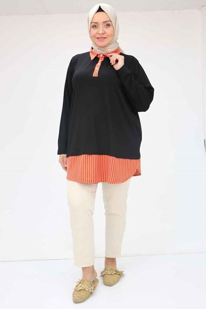 F-58037 Büyük Beden Yarım Patlı Garnili Penye Tunik - Siyah-Kiremit