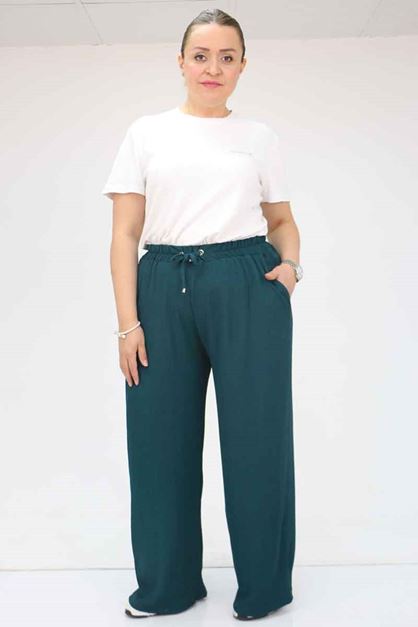 39012 Büyük Beden Bolpaça Bürümcük Pantolon - Petrol