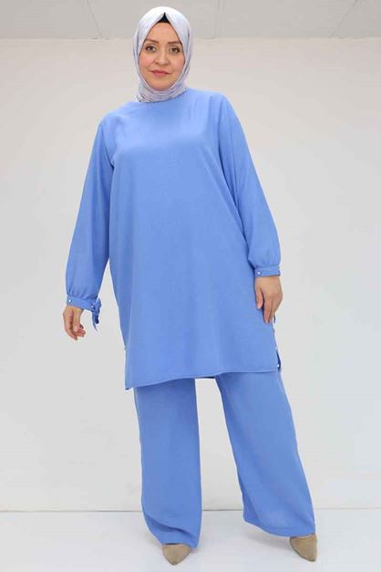 57013 Büyük Beden Kol Manşeti Ve Yırtmacı Taşlı Keten Pantolonlu Takım - İndigo