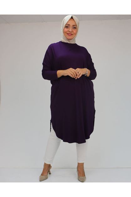 38110  Büyük Beden Düşük Kol Penye Tunik - Mürdüm