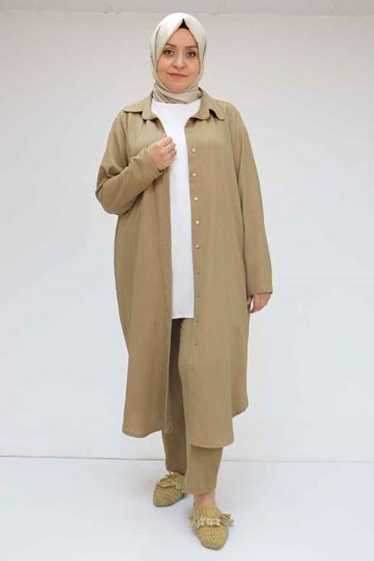 37013 Büyük Beden Düğmeli Bürümcük Pantolonlu Takım - Vizon