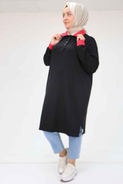 F-58042 Büyük Beden Yaka Ve Manşet Garnili Penye Tunik - Kırmızı