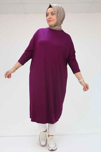 28095 Büyük Beden Düşük Kol Penye Uzun Tunik - Mürdüm