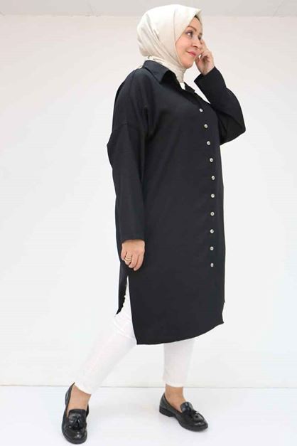 58065 Büyük Beden Melanj Keten Düşük Kol Gömlek - Siyah