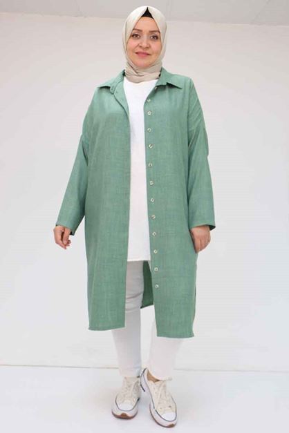 58065 Büyük Beden Melanj Keten Düşük Kol Gömlek - Nefti