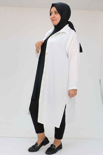 58065 Büyük Beden Melanj Keten Düşük Kol Gömlek - Ekru