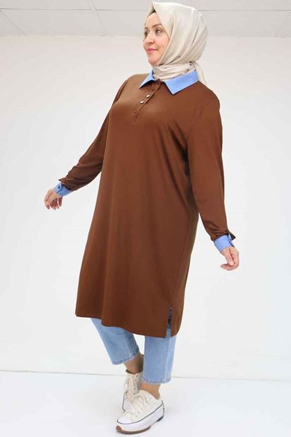 F-58036 Büyük Beden Yaka Ve Kol Kombinli Penye Tunik - Kahve