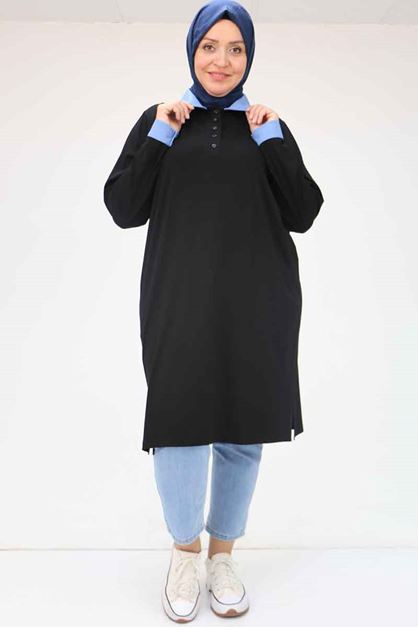 F-58036 Büyük Beden Yaka Ve Kol Kombinli Penye Tunik - Siyah