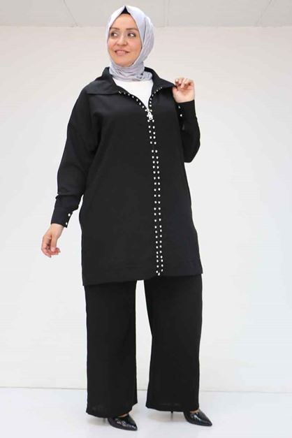 F-57032 Büyük Beden Erkek Yakılı Fermuarlı Pantolonlu Takım - Siyah