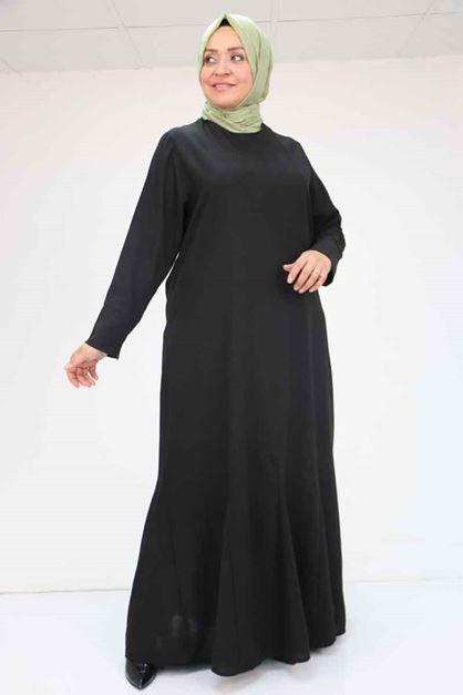 F-52003 Büyük Beden Kalın Manşetli Keten Elbise - Siyah