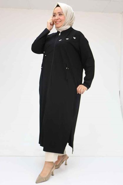 F-53012 Büyük Beden Beyoğlu Taş Detaylı Fermuarlı Penye Ceket - Siyah