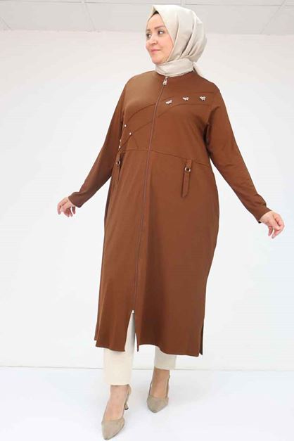 F-53012 Büyük Beden Beyoğlu Taş Detaylı Fermuarlı Penye Ceket - Kahve