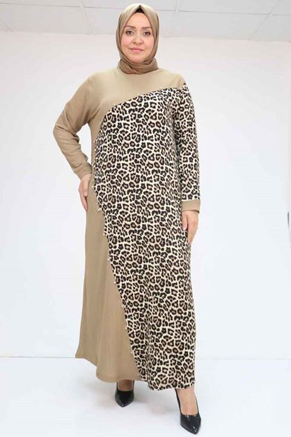 F-52011 Büyük Beden Renk Garnili Taş Detaylı Elbise - Vizon-Bej