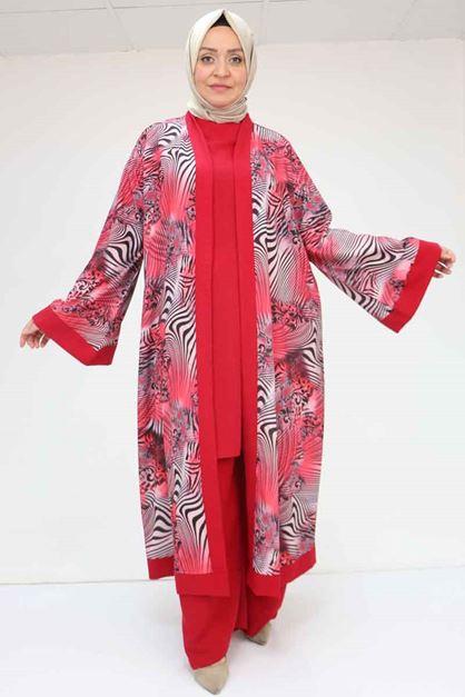 57301 Büyük Beden Farklı Kumaş Kombinli Üçlü Takım - Bordo