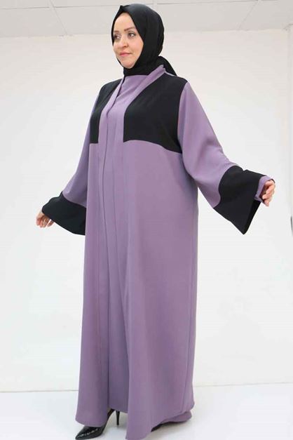 57206 Büyük Beden Garni Detaylı Etamin Elbiseli Abaya - Lila-Siyah