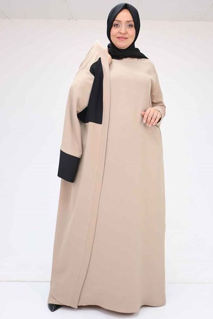 57206 Büyük Beden Garni Detaylı Etamin Elbiseli Abaya - Siyah-Vizon