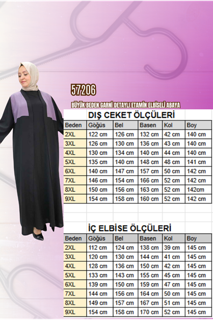 57206 Büyük Beden Garni Detaylı Etamin Elbiseli Abaya - Siyah-Lila