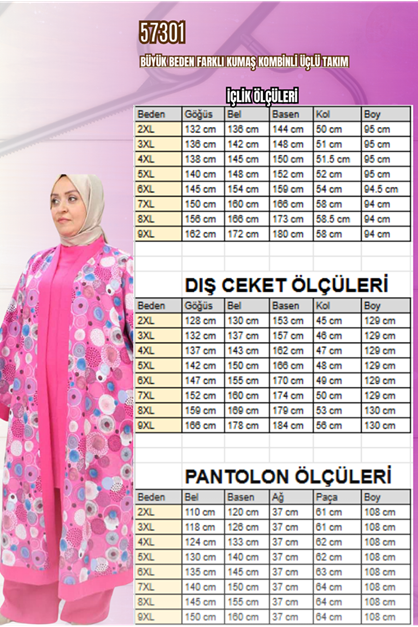 57301 Büyük Beden Farklı Kumaş Kombinli Üçlü Takım - Fuşya