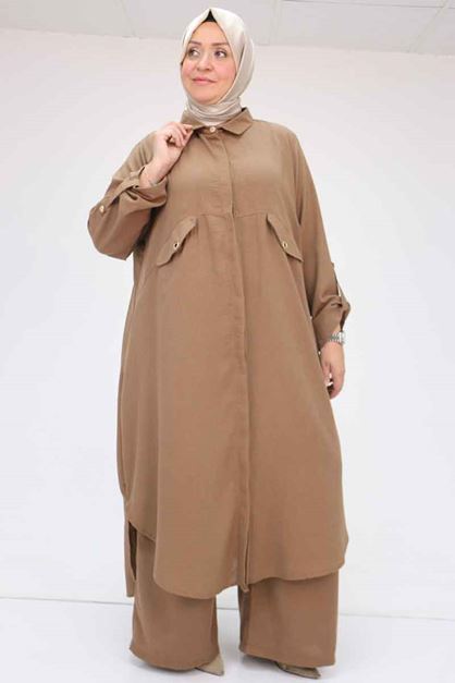 57024 Büyük Beden Erkek Yakalı Önü Patlı Pantolonlu Takım - Capuccino