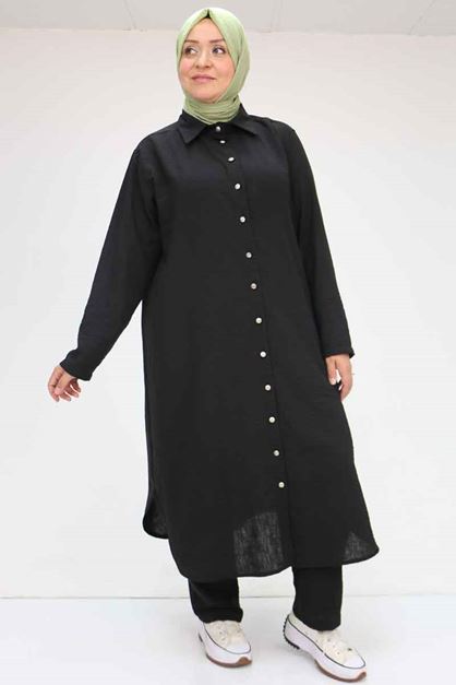 F-57020 Büyük Beden Boydan Düğmeli Keten Pantolonlu Takım - Siyah