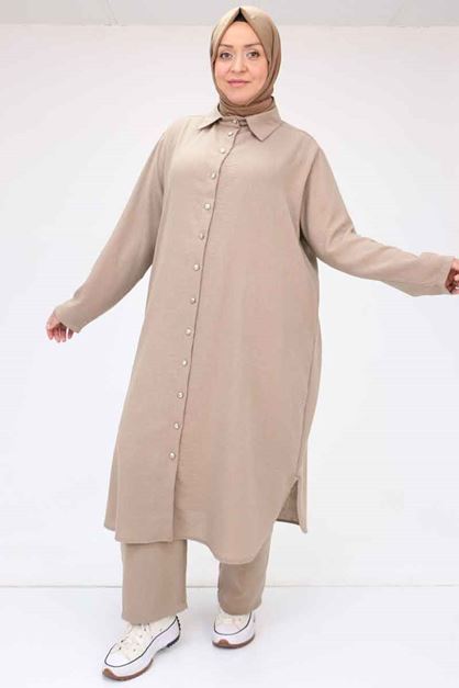 F-57020 Büyük Beden Boydan Düğmeli Keten Pantolonlu Takım - Vizon