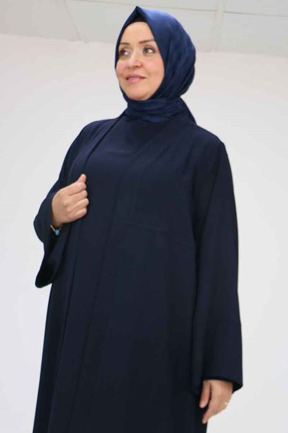 57210 Büyük Beden Renge Renk Garni Detaylı Abaya Takım - Lacivert