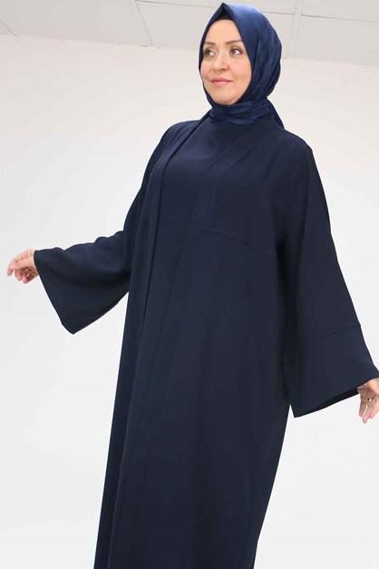 57210 Büyük Beden Renge Renk Garni Detaylı Abaya Takım - Lacivert