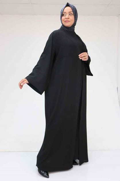 57210 Büyük Beden Renge Renk Garni Detaylı Abaya Takım - Siyah