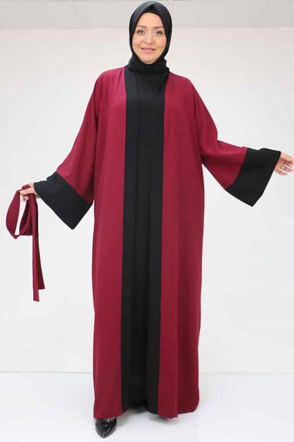 57204 Büyük Beden Patı Garnili Etamin Elbiseli Abaya - Bordo-Siyah
