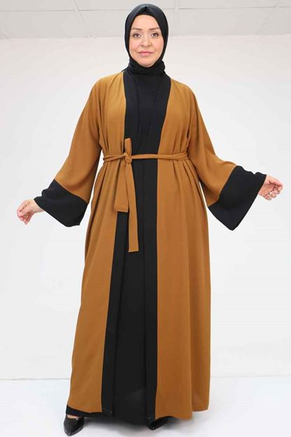 57204 Büyük Beden Patı Garnili Etamin Elbiseli Abaya - Taba-Siyah