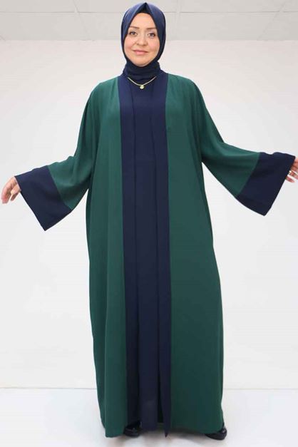 57204 Büyük Beden Patı Garnili Etamin Elbiseli Abaya - Zümrüt-Lacivert